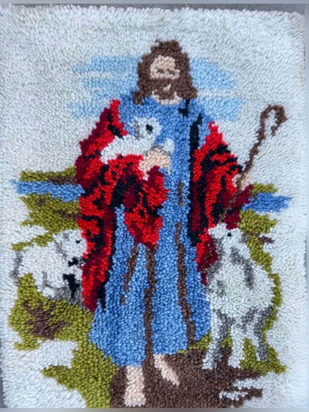 Handcrafted Shepherd Hooked Wall Hanging in Blue, Red and White